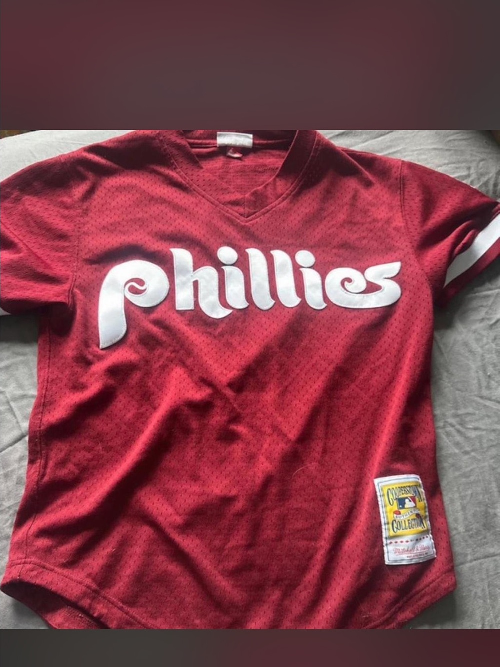 Mitchell & Ness Maroon Phillies Jersey with White Script
